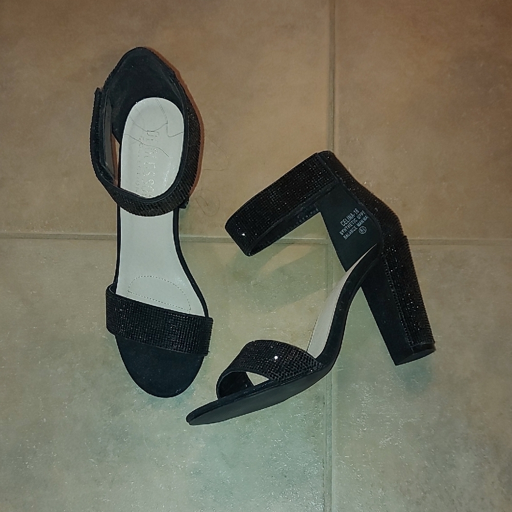 Black Glitter Block Heels With Ankle Strap